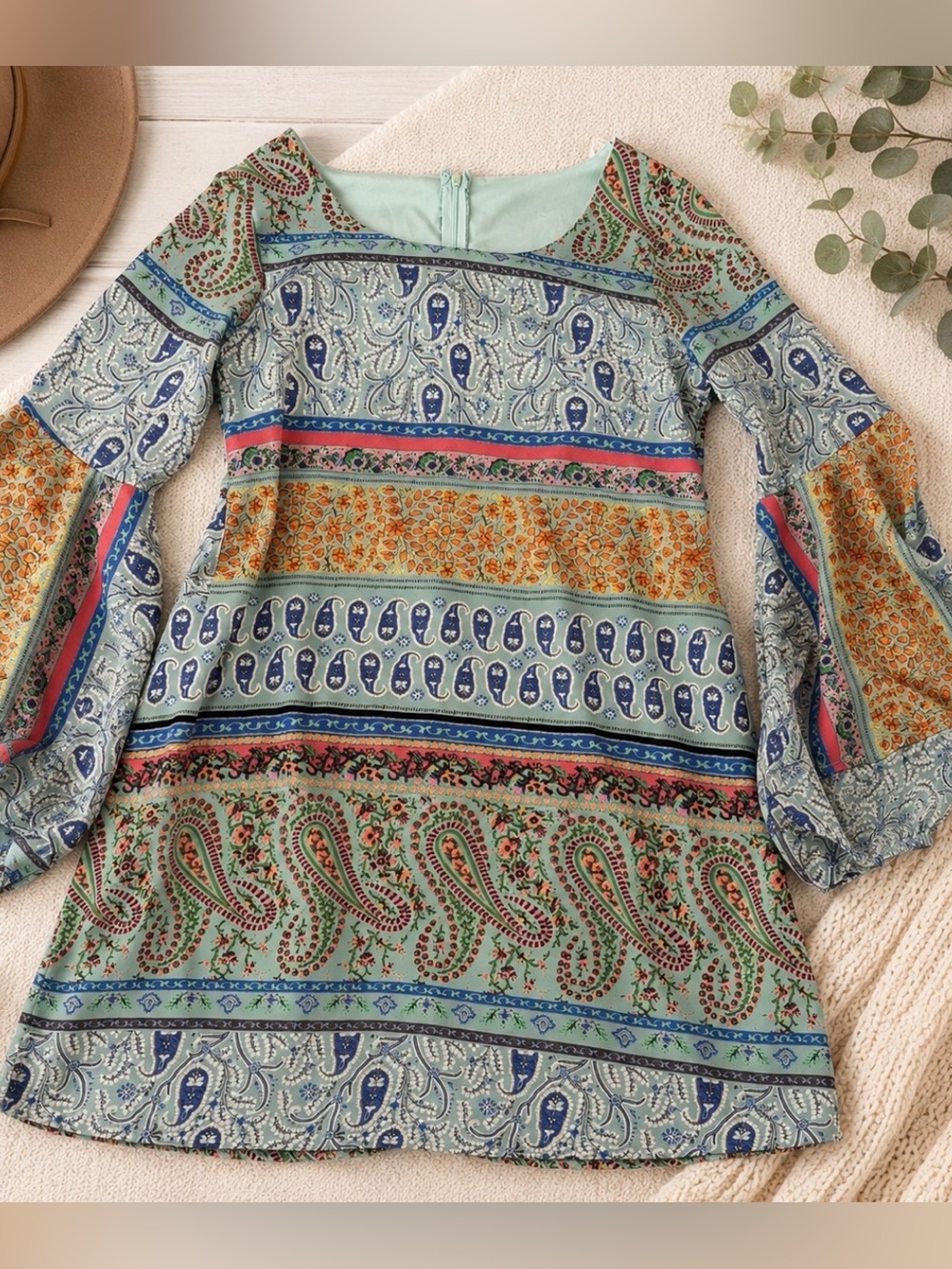 Sage Boho Paisley Bell Sleeve Mini Dress / Tunic Top – Size Small
